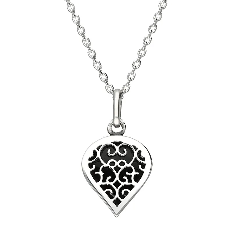 Sterling Silver Whitby Jet Flore Filigree Small Heart Necklace sold by Jura Watches