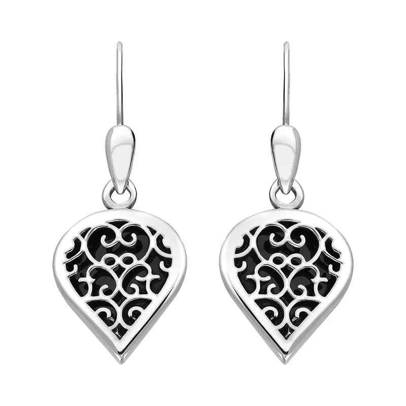 Sterling Silver Whitby Jet Flore Filigree Heart Drop Earrings sold by Jura Watches
