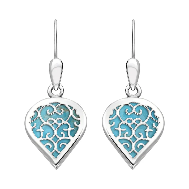 9ct White Gold Turquoise Flore Filigree Heart Drop Earrings sold by Jura Watches