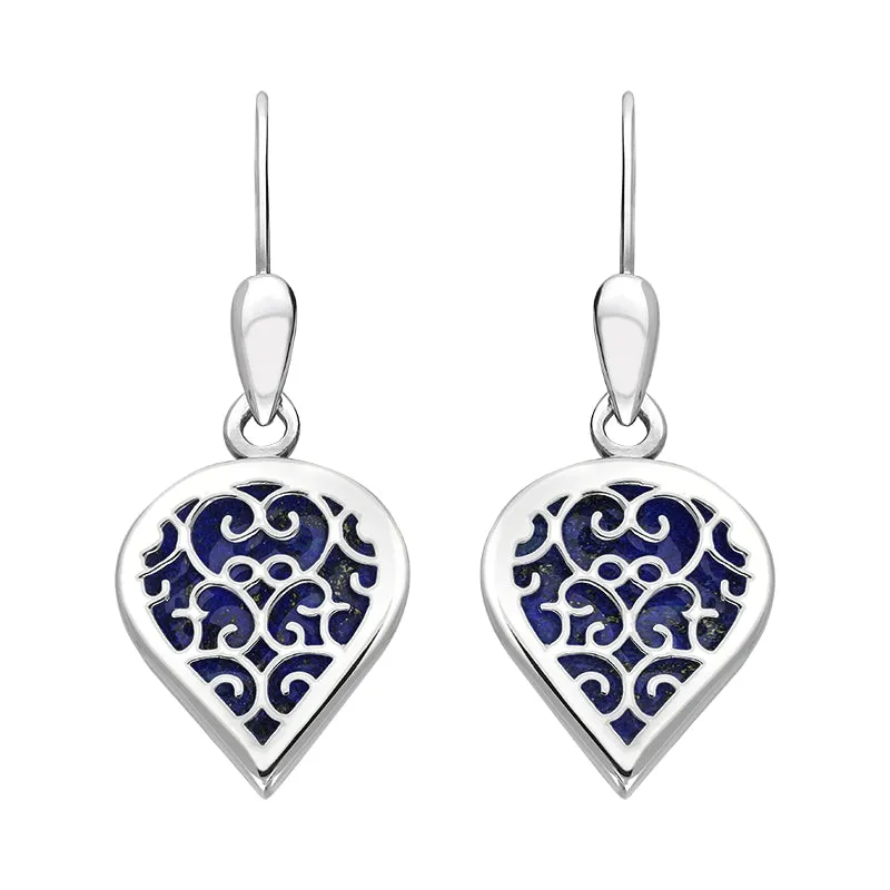 9ct White Gold Lapis Lazuli Flore Filigree Heart Drop Earrings sold by Jura Watches