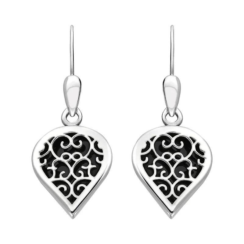 9ct White Gold Whitby Jet Flore Filigree Heart Drop Earrings sold by Jura Watches