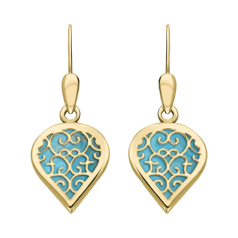 9ct Yellow Gold Turquoise Flore Filigree Heart Drop Earrings sold by Jura Watches