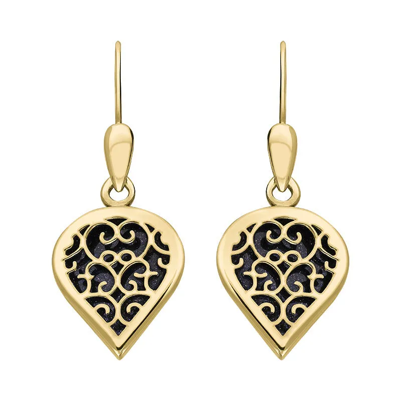 9ct Yellow Gold Blue Goldstone Flore Filigree Heart Drop Earrings sold by Jura Watches