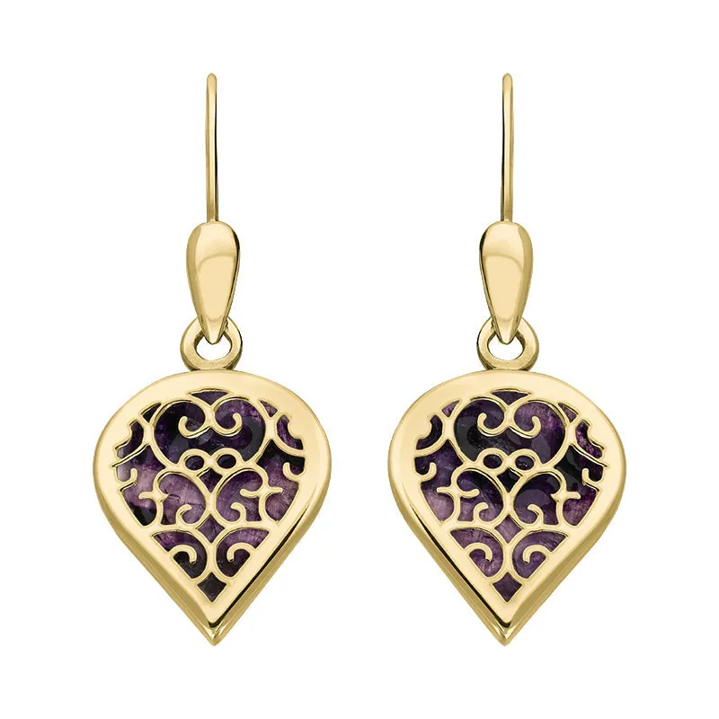 9ct Yellow Gold Blue John Flore Filigree Heart Drop Earrings sold by Jura Watches