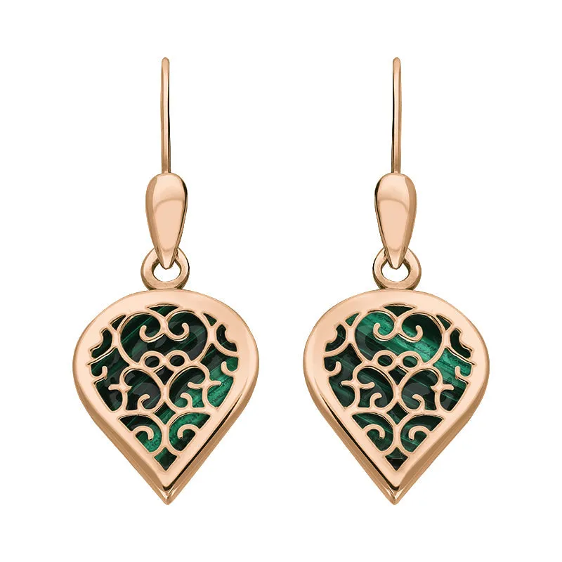 9ct Rose Gold Malachite Flore Filigree Heart Drop Earrings sold by Jura Watches