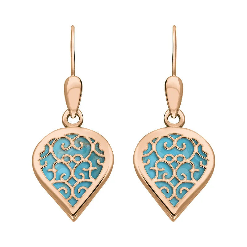 9ct Rose Gold Turquoise Flore Filigree Heart Drop Earrings sold by Jura Watches