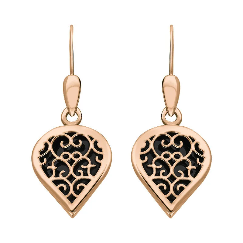 9ct Rose Gold Whitby Jet Flore Filigree Heart Drop Earrings sold by Jura Watches