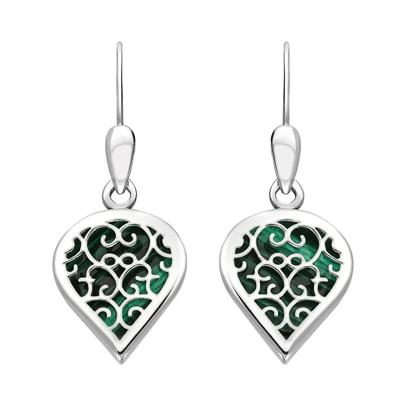 18ct White Gold Malachite Flore Filigree Heart Drop Earrings sold by Jura Watches