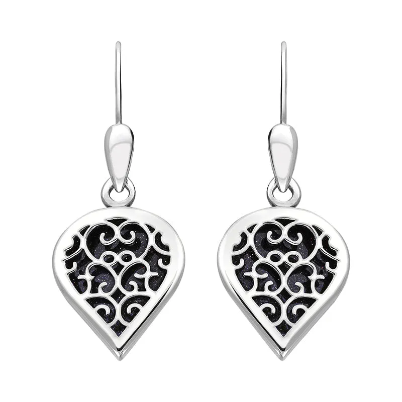 18ct White Gold Blue Goldstone Flore Filigree Heart Drop Earrings sold by Jura Watches