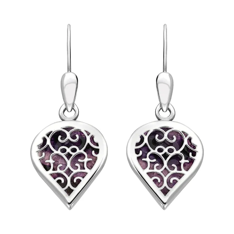 18ct White Gold Blue John Flore Filigree Heart Drop Earrings sold by Jura Watches