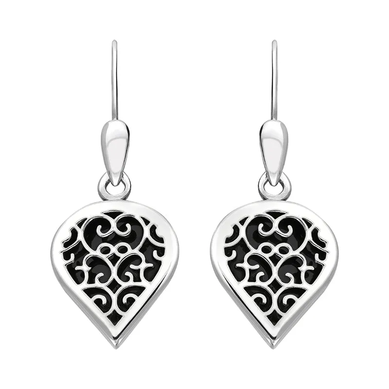 18ct White Gold Whitby Jet Flore Filigree Heart Drop Earrings sold by Jura Watches