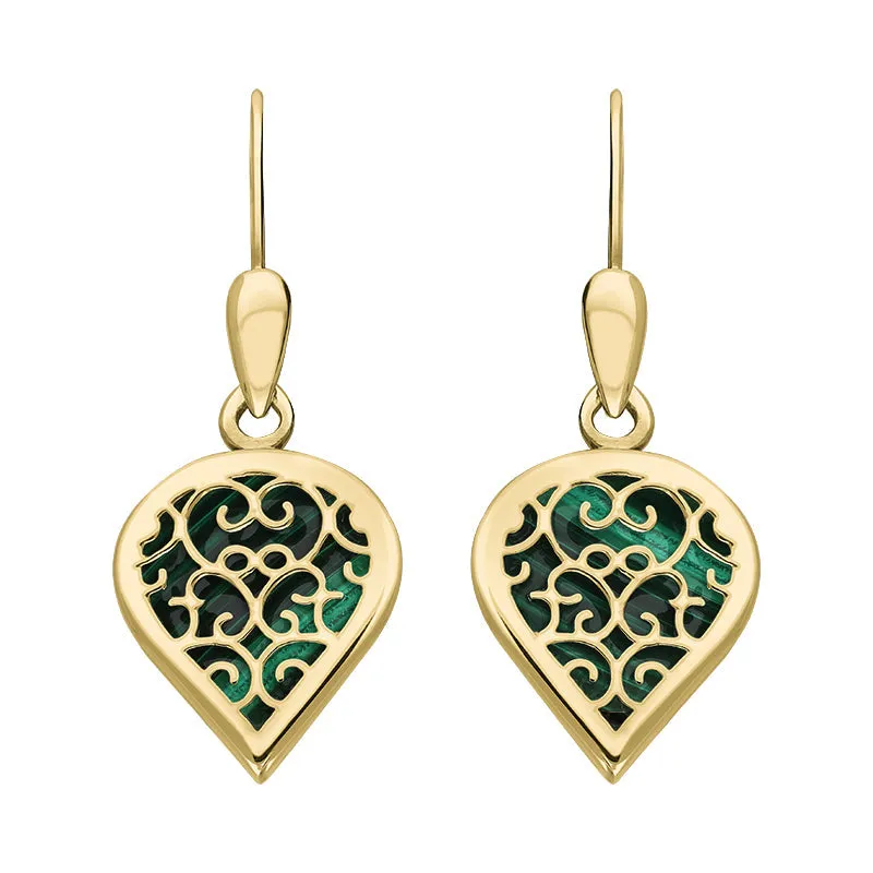 18ct Yellow Gold Malachite Flore Filigree Heart Drop Earrings sold by Jura Watches