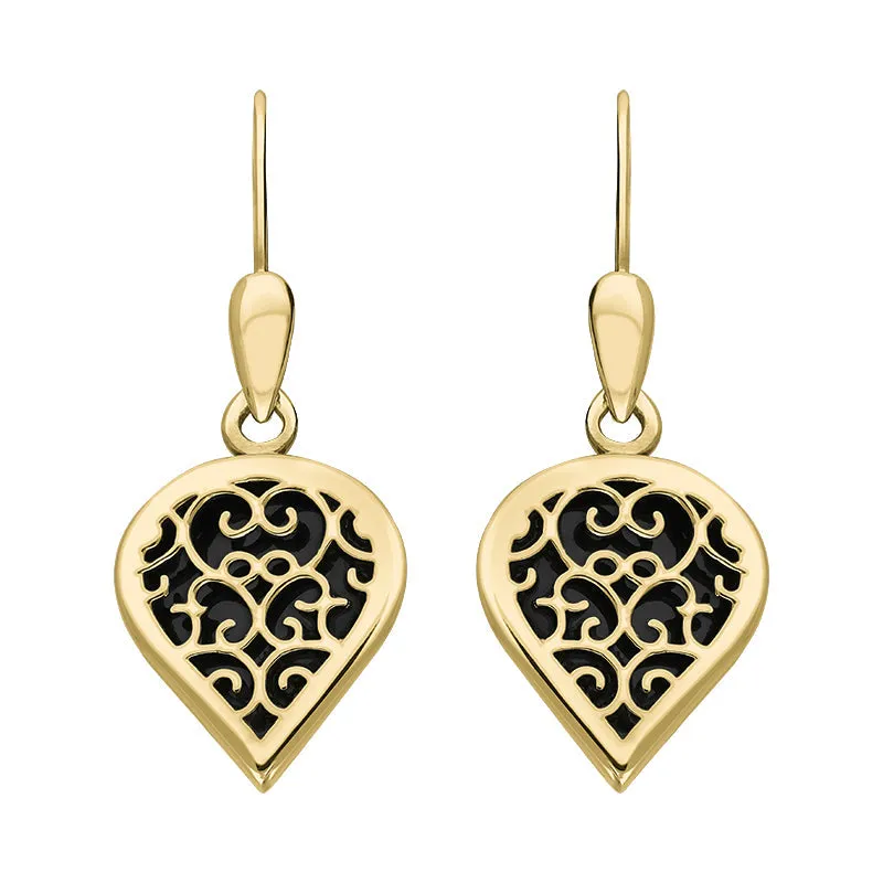 18ct Yellow Gold Whitby Jet Flore Filigree Heart Drop Earrings sold by Jura Watches