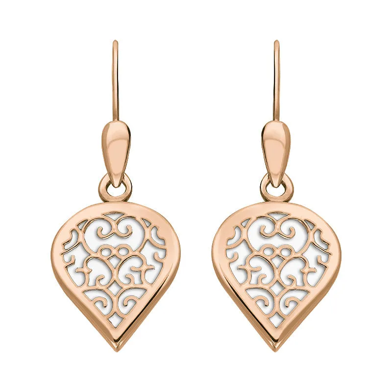 18ct Rose Gold Bauxite Flore Filigree Heart Drop Earrings sold by Jura Watches