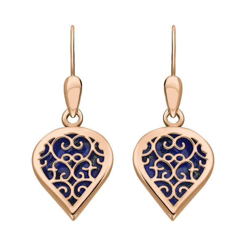 18ct Rose Gold Lapis Lazuli Flore Filigree Heart Drop Earrings sold by Jura Watches