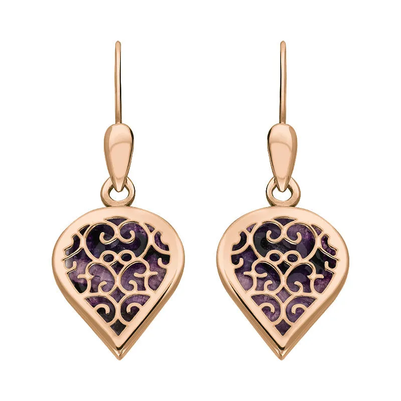 18ct Rose Gold Blue John Flore Filigree Heart Drop Earrings sold by Jura Watches