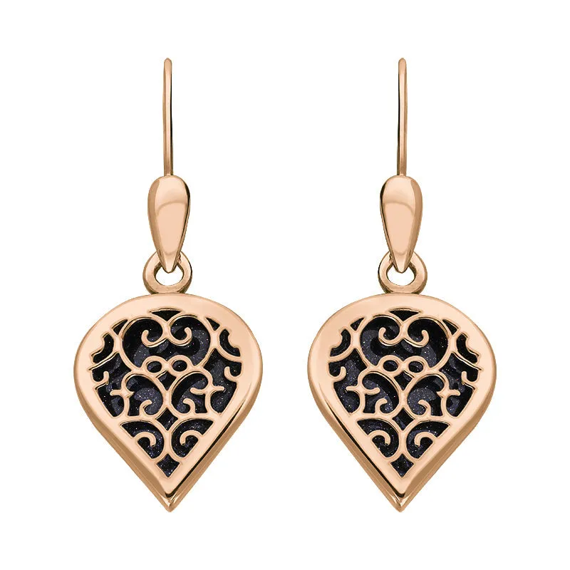 18ct Rose Gold Blue Goldstone Flore Filigree Heart Drop Earrings sold by Jura Watches