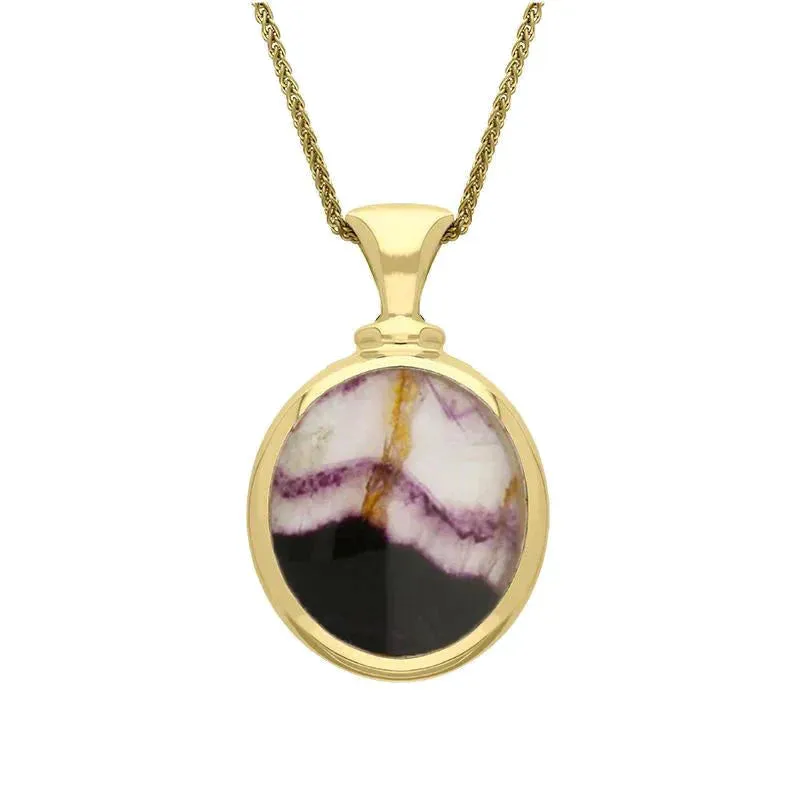9ct Yellow Gold Whitby Jet Blue John Small Double Sided Oval Fob Necklace sold by Jura Watches