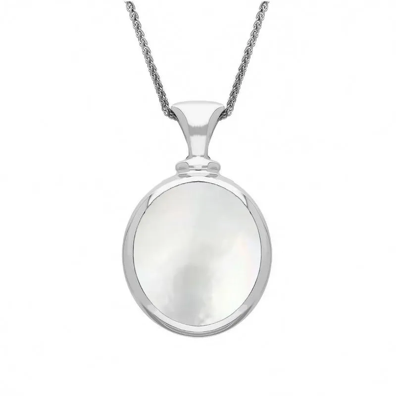 18ct White Gold Blue John Mother Of Pearl Small Double Sided Oval Fob Necklace sold by Jura Watches