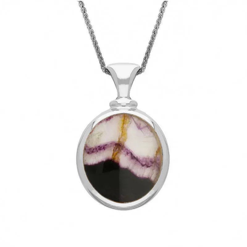 9ct White Gold Whitby Jet Blue John Small Double Sided Oval Fob Necklace sold by Jura Watches