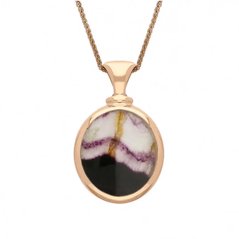 18ct Rose Gold Whitby Jet Blue John Small Double Sided Oval Fob Necklace sold by Jura Watches