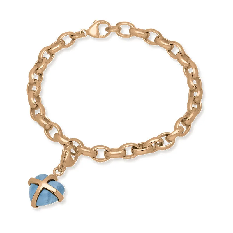 9ct Rose Gold Aquamarine Small Cross Heart Charm Bracelet sold by Jura Watches