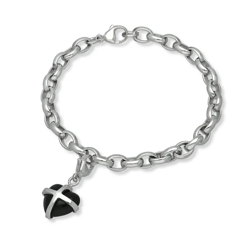 9ct White Gold Whitby Jet Small Cross Heart Charm Bracelet sold by Jura Watches