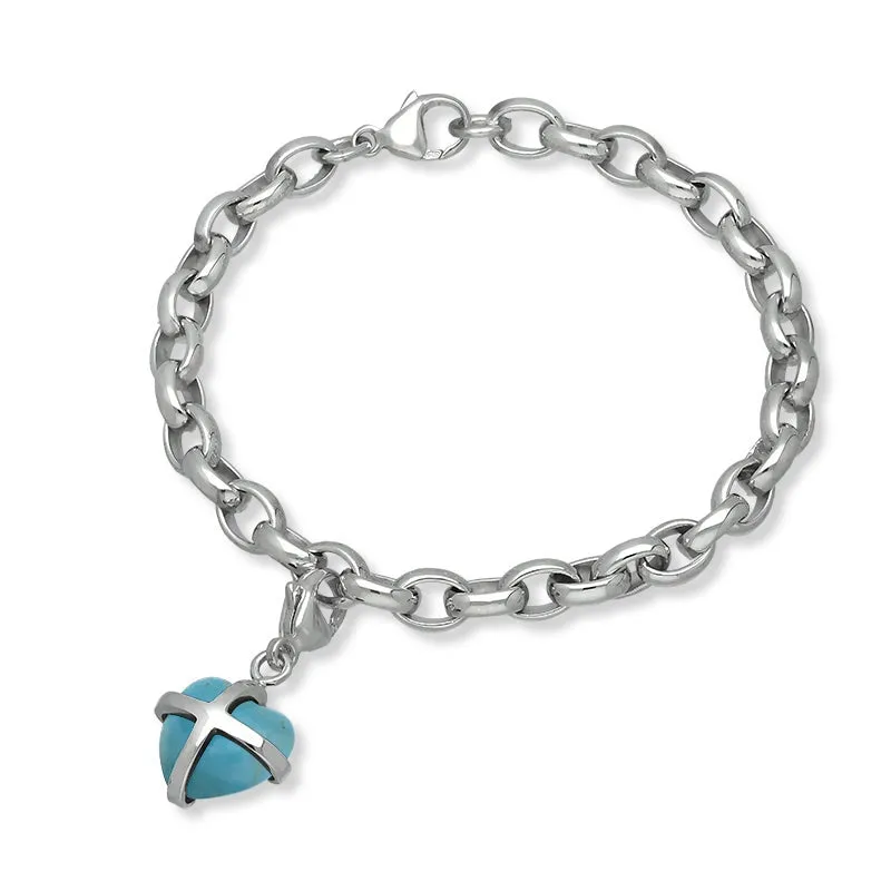 9ct White Gold Turquoise Small Cross Heart Charm Bracelet sold by Jura Watches