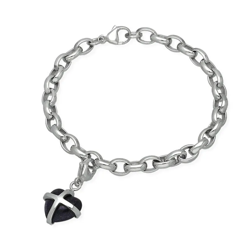 18ct White Gold Blue Goldstone Small Cross Heart Charm Bracelet sold by Jura Watches