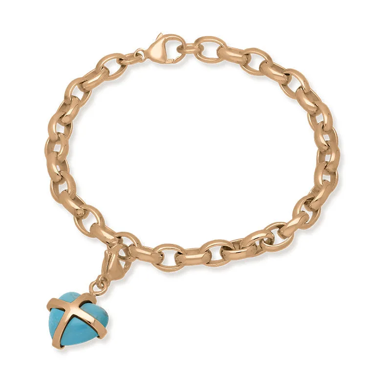 9ct Rose Gold Turquoise Small Cross Heart Charm Bracelet sold by Jura Watches