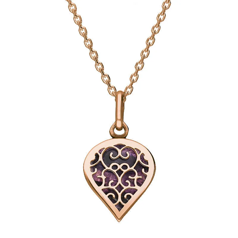 9ct Rose Gold Blue John Flore Filigree Small Heart Necklace sold by Jura Watches