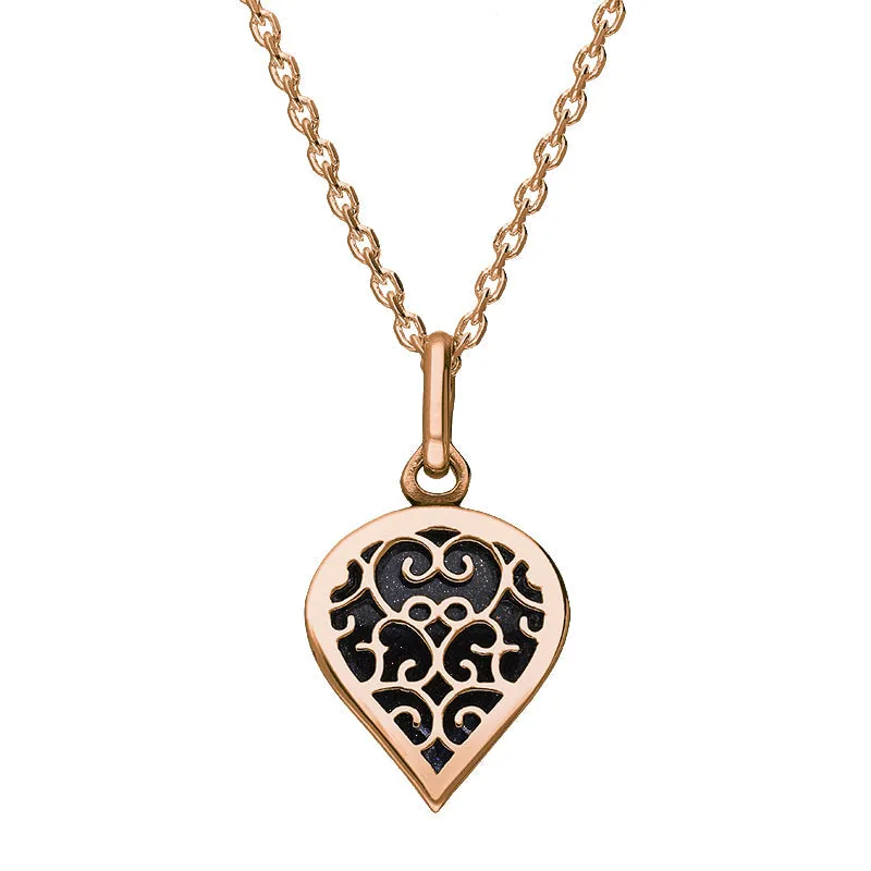 9ct Rose Gold Blue Goldstone Flore Filigree Small Heart Necklace sold by Jura Watches