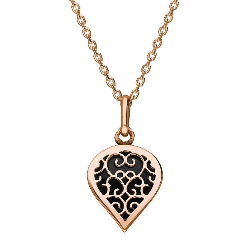 18ct Rose Gold Whitby Jet Flore Filigree Small Heart Necklace sold by Jura Watches