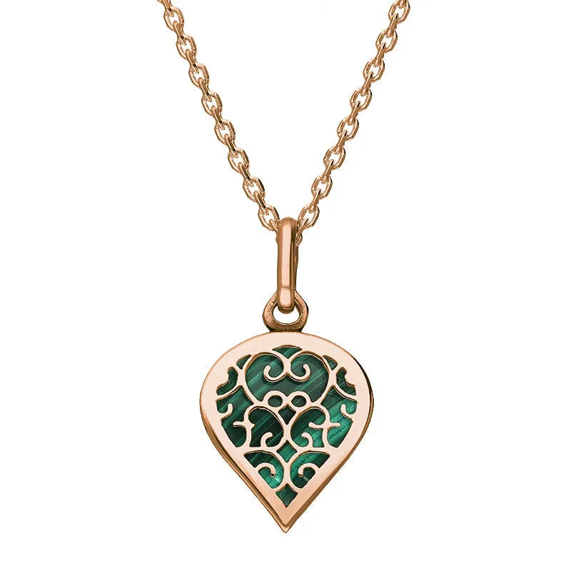18ct Rose Gold Malachite Flore Filigree Small Heart Necklace sold by Jura Watches