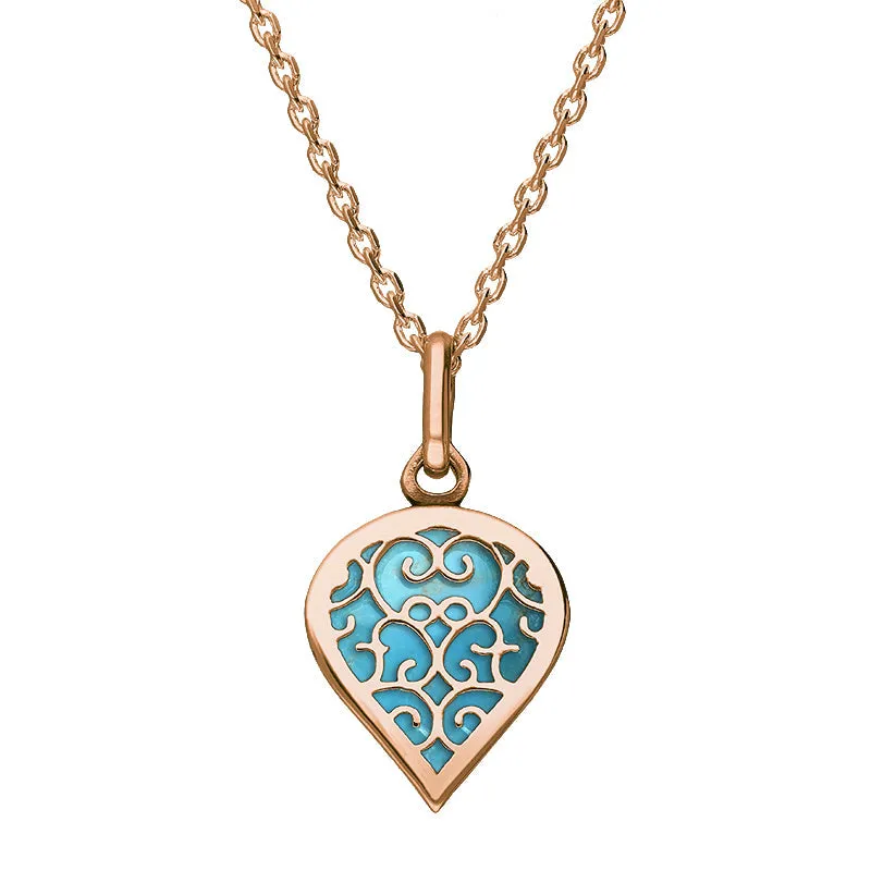 18ct Rose Gold Turquoise Flore Filigree Small Heart Necklace sold by Jura Watches