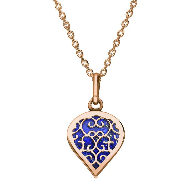 18ct Rose Gold Lapis Lazuli Flore Filigree Small Heart Necklace sold by Jura Watches