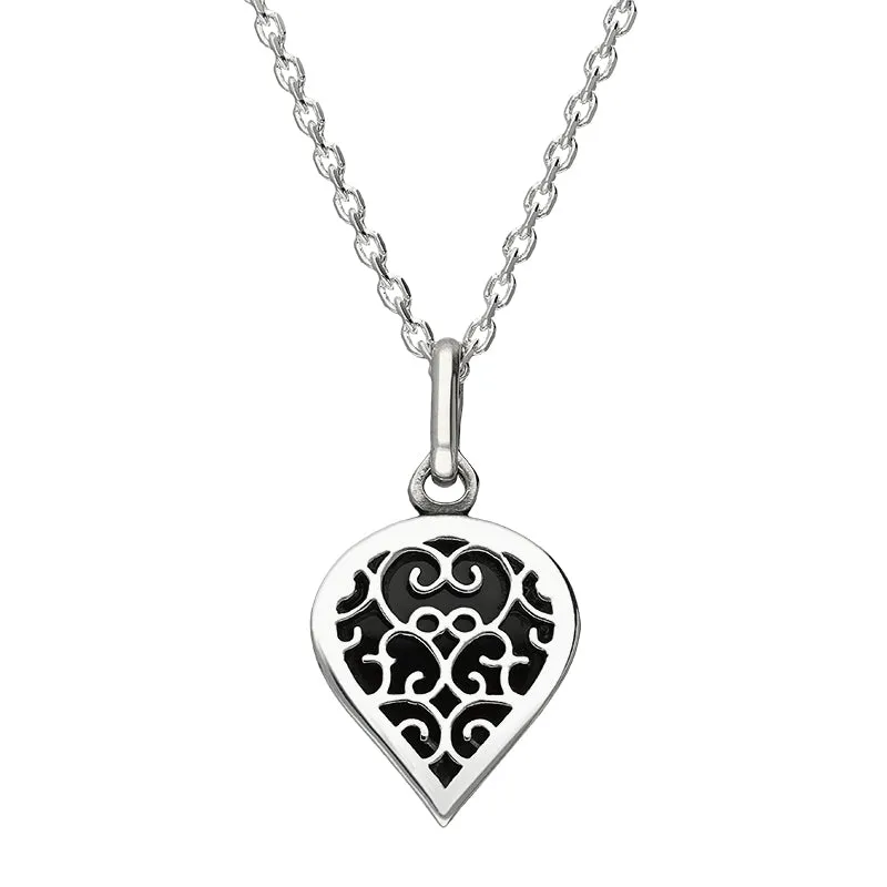 9ct White Gold Whitby Jet Flore Filigree Small Heart Necklace sold by Jura Watches