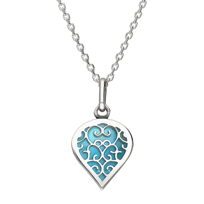 9ct White Gold Turquoise Flore Filigree Small Heart Necklace sold by Jura Watches
