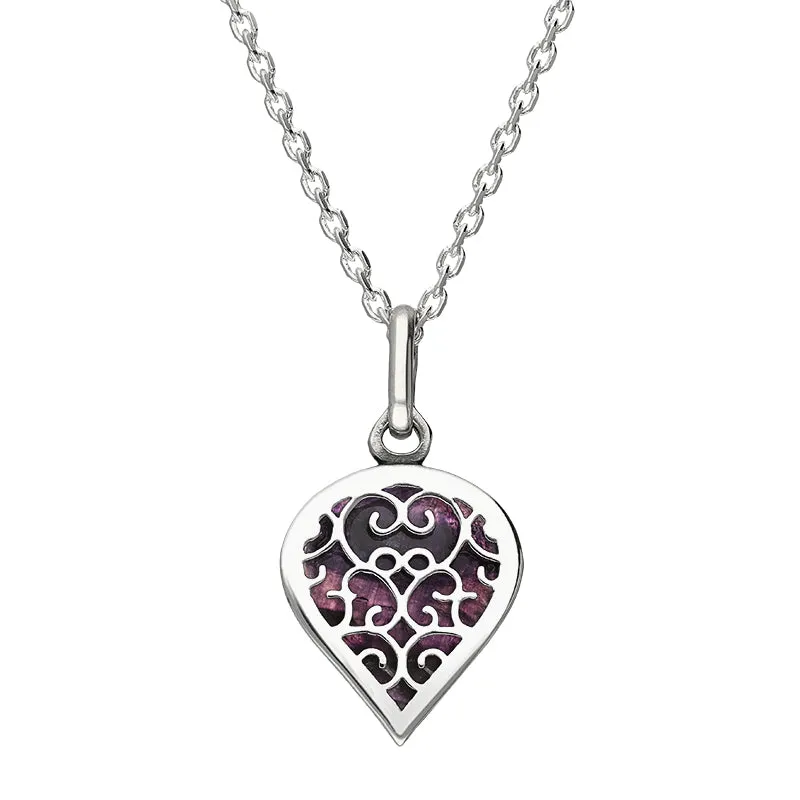 18ct White Gold Blue John Flore Filigree Small Heart Necklace sold by Jura Watches