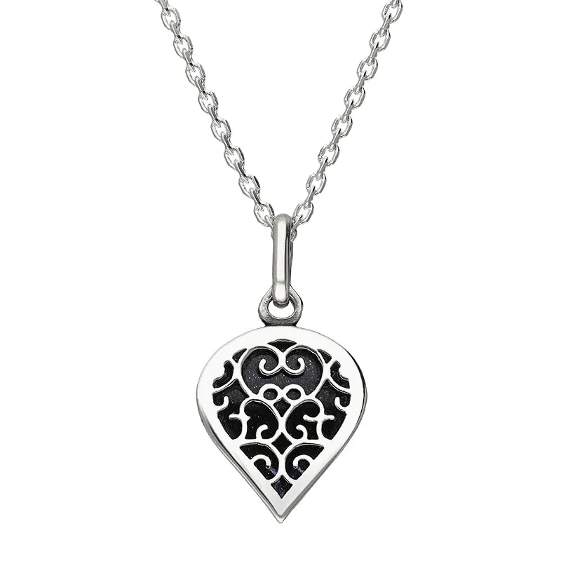 18ct White Gold Blue Goldstone Flore Filigree Small Heart Necklace sold by Jura Watches