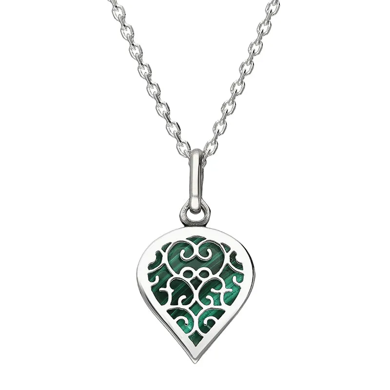 18ct White Gold Malachite Flore Filigree Small Heart Necklace sold by Jura Watches