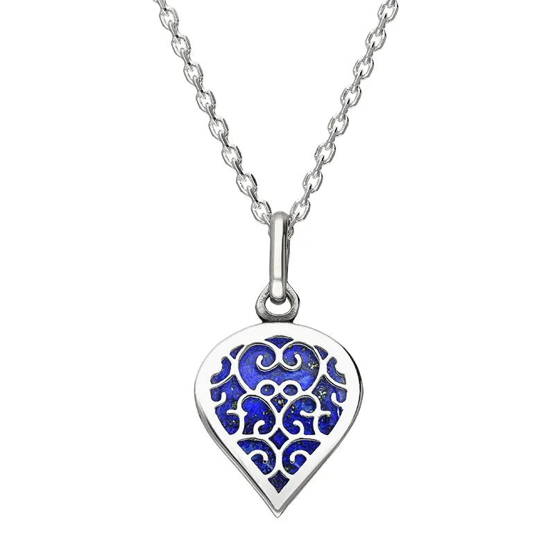 18ct White Gold Lapis Lazuli Flore Filigree Small Heart Necklace sold by Jura Watches