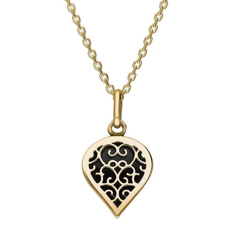 9ct Yellow Gold Whitby Jet Flore Filigree Small Heart Necklace sold by Jura Watches