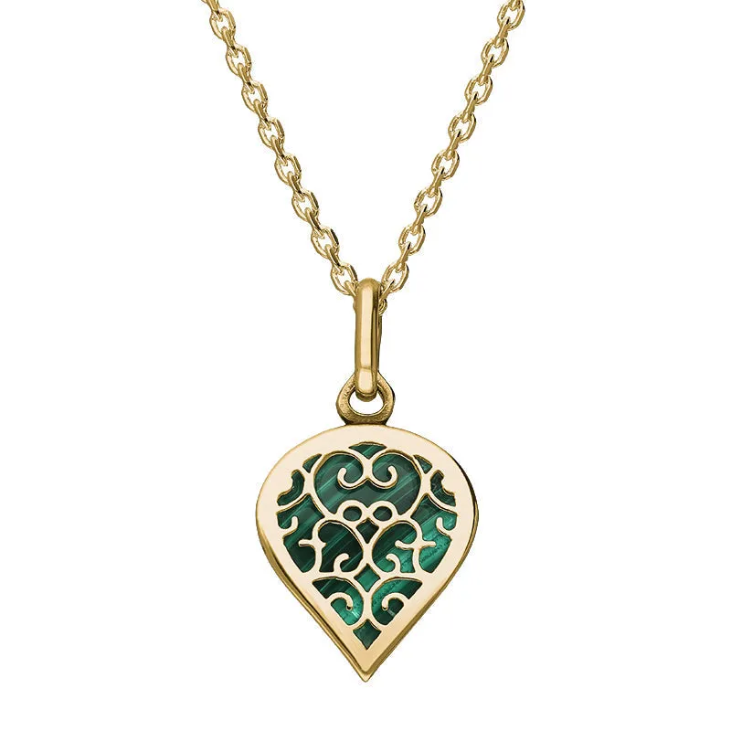 9ct Yellow Gold Malachite Flore Filigree Small Heart Necklace sold by Jura Watches