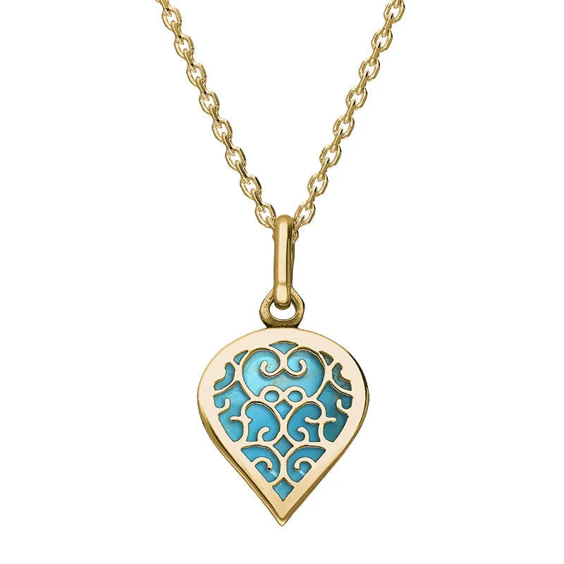 9ct Yellow Gold Turquoise Flore Filigree Small Heart Necklace sold by Jura Watches