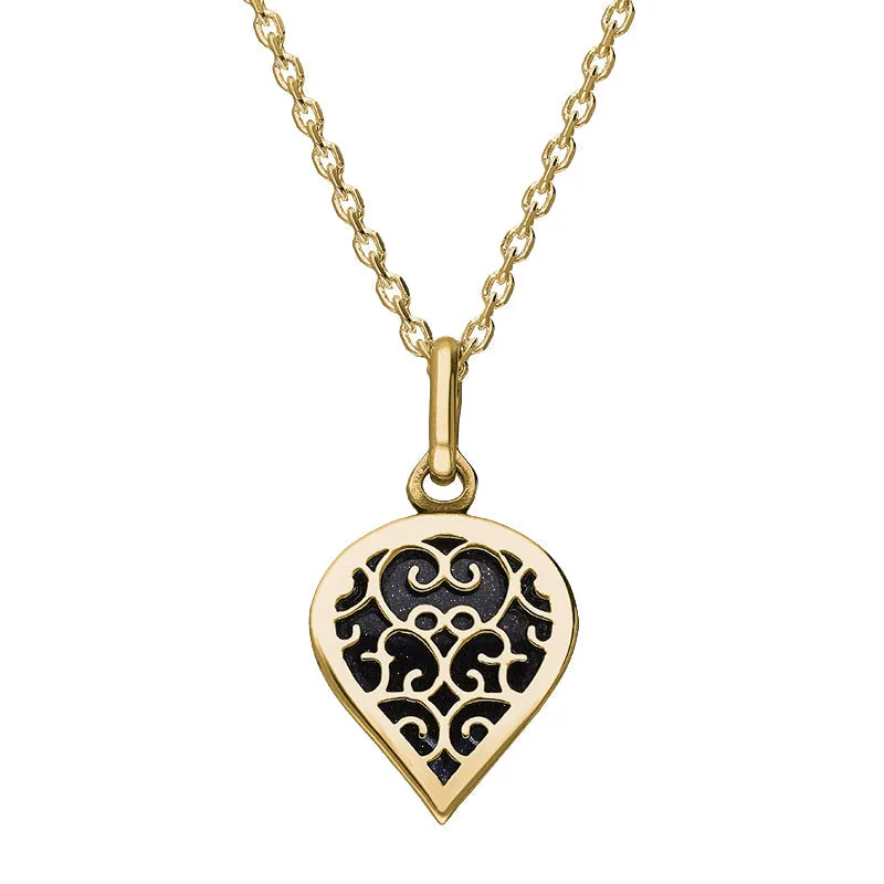 18ct Yellow Gold Blue Goldstone Flore Filigree Small Heart Necklace sold by Jura Watches