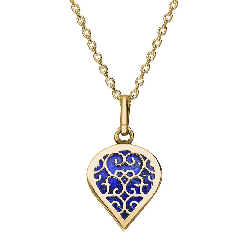 18ct Yellow Gold Lapis Lazuli Flore Filigree Small Heart Necklace sold by Jura Watches