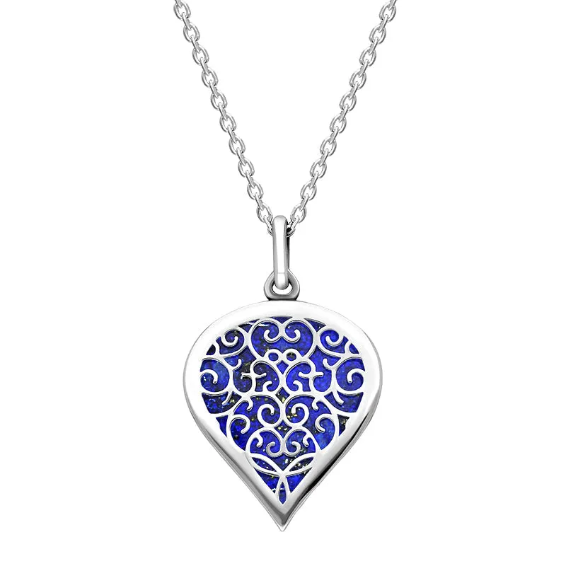 9ct White Gold Lapis Lazuli Flore Filigree Medium Heart Necklace sold by Jura Watches