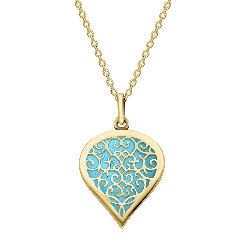 9ct Yellow Gold Turquoise Flore Filigree Medium Heart Necklace sold by Jura Watches