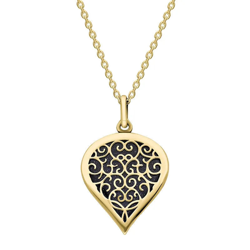 9ct Yellow Gold Blue Goldstone Flore Filigree Medium Heart Necklace sold by Jura Watches